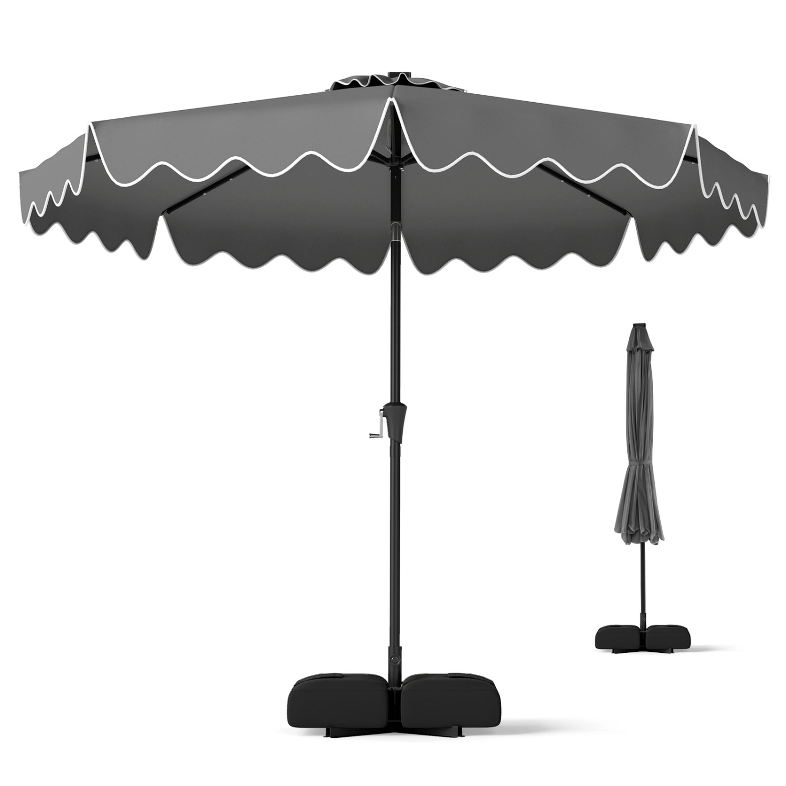 SUGIFT 10-ft Gray Solar LED Patio Umbrella with Weighted Base, Manual Tilt and Crank Lift