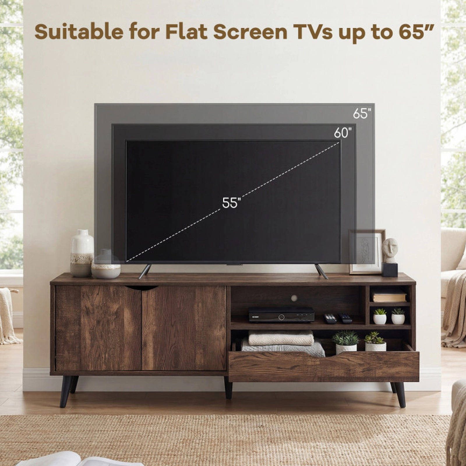 SUGIFT TV Stand for TVs up to 65 Inches Rustic Entertainment Center 285-lb Tabletop Capacity 59-in Wide Brown