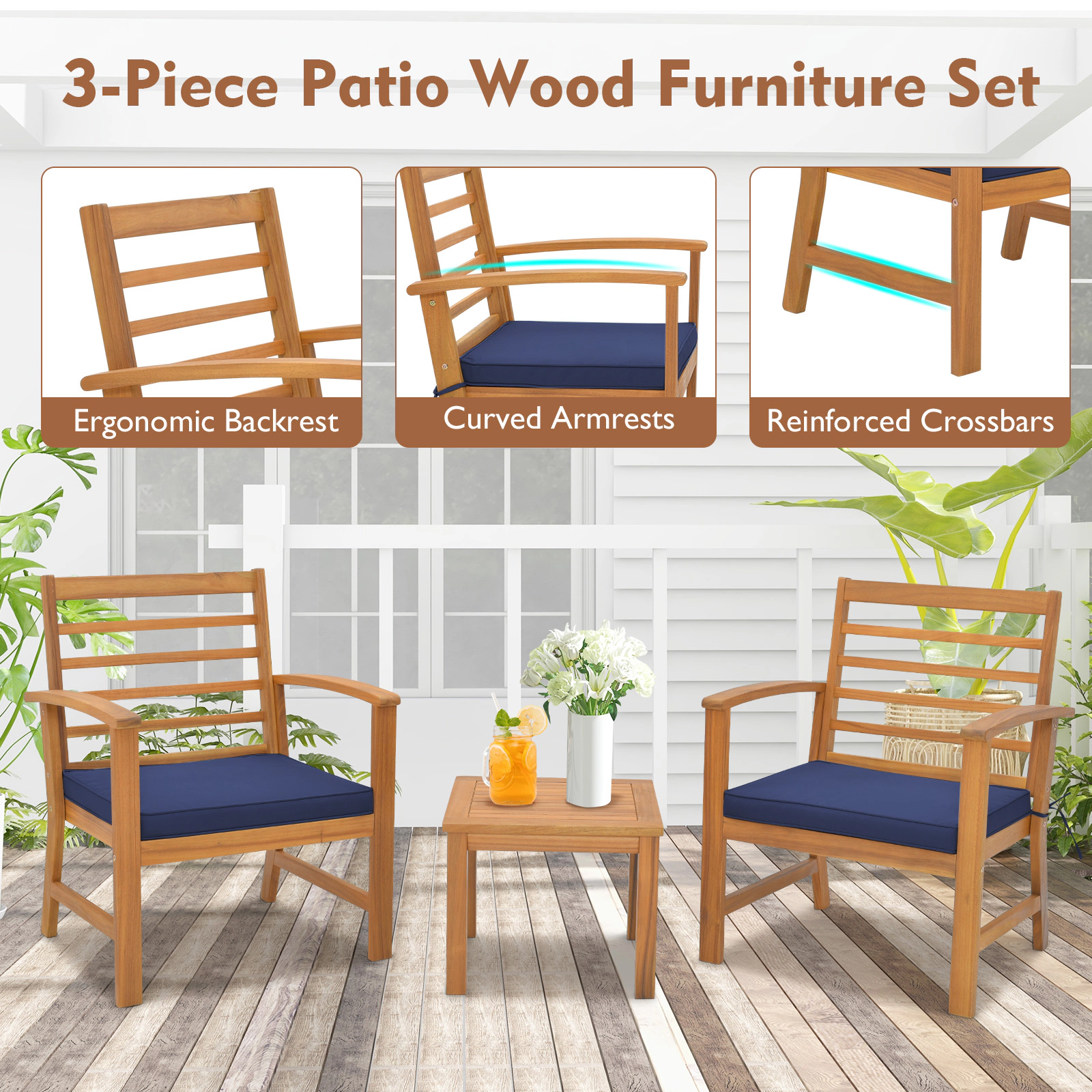 SUGIFT Outdoor Conversation Set with Cushions 400-lb Chair Capacity 180-lb Table Capacity Navy Gray/White