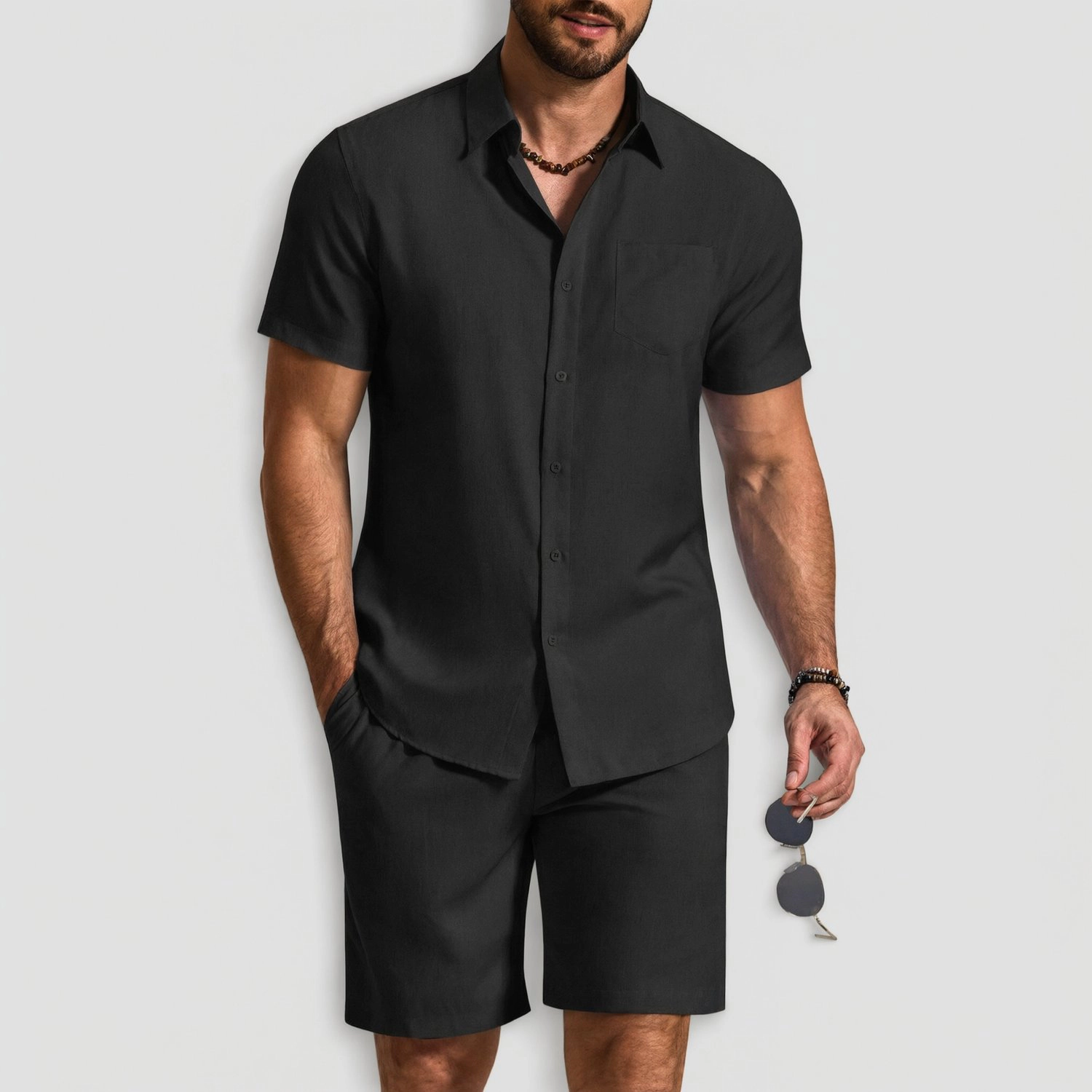 COOFANDY Mens Short Sleeve Button Down Shirt  Casual Lapel Collar Shorts Set