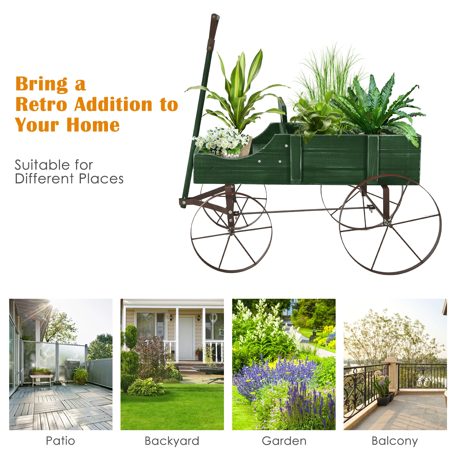 SUGIFT Green Wooden Wagon Planter with Antique Metal Wheels 24.5-in W 13.5-in D 24-in H 33-lb Cart Capacity