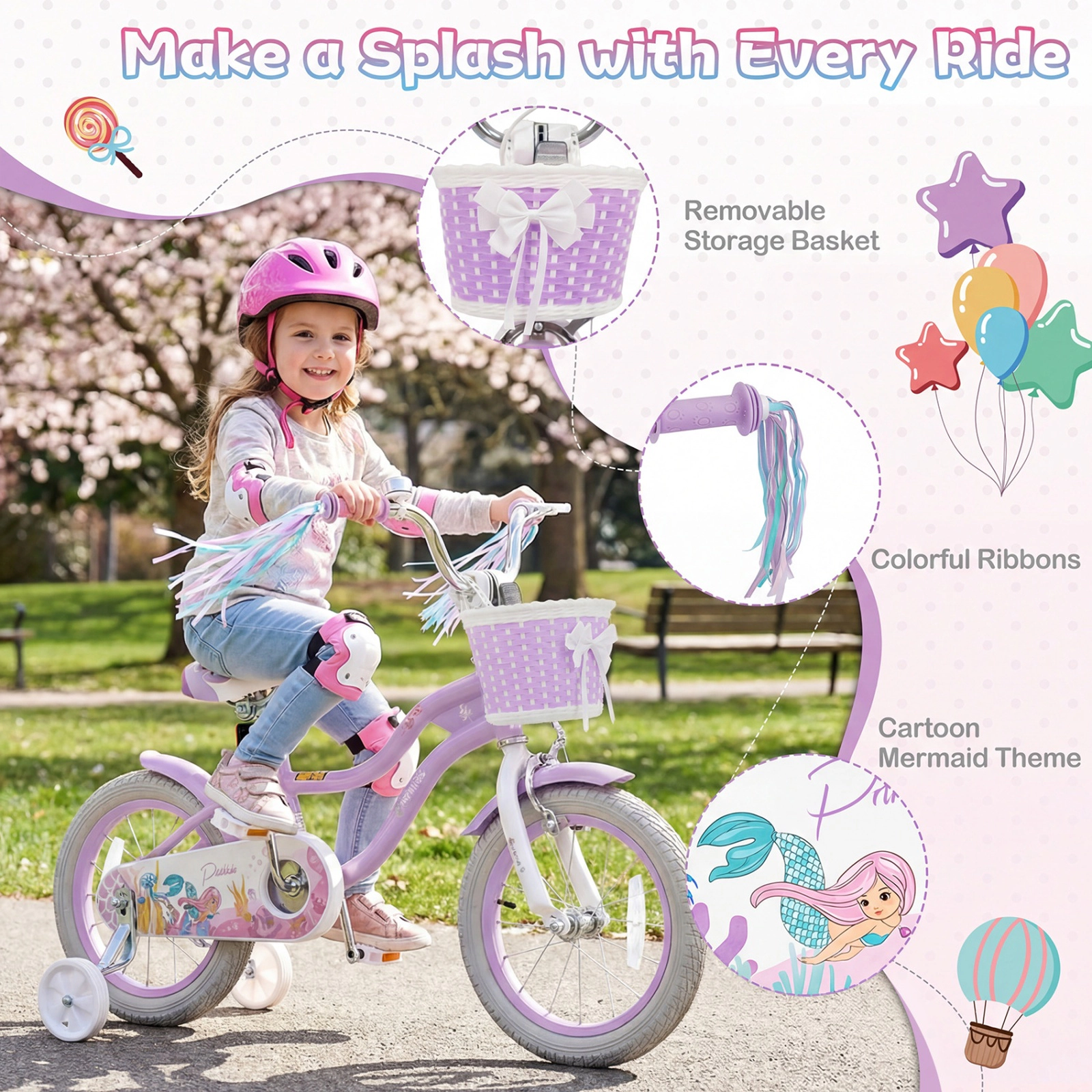 SUGIFT Adjustable 14-In Kids Bicycle Basket & Streamers 110-lb Seat Capacity Ages 3-5 Purple Princess of the Sea Theme