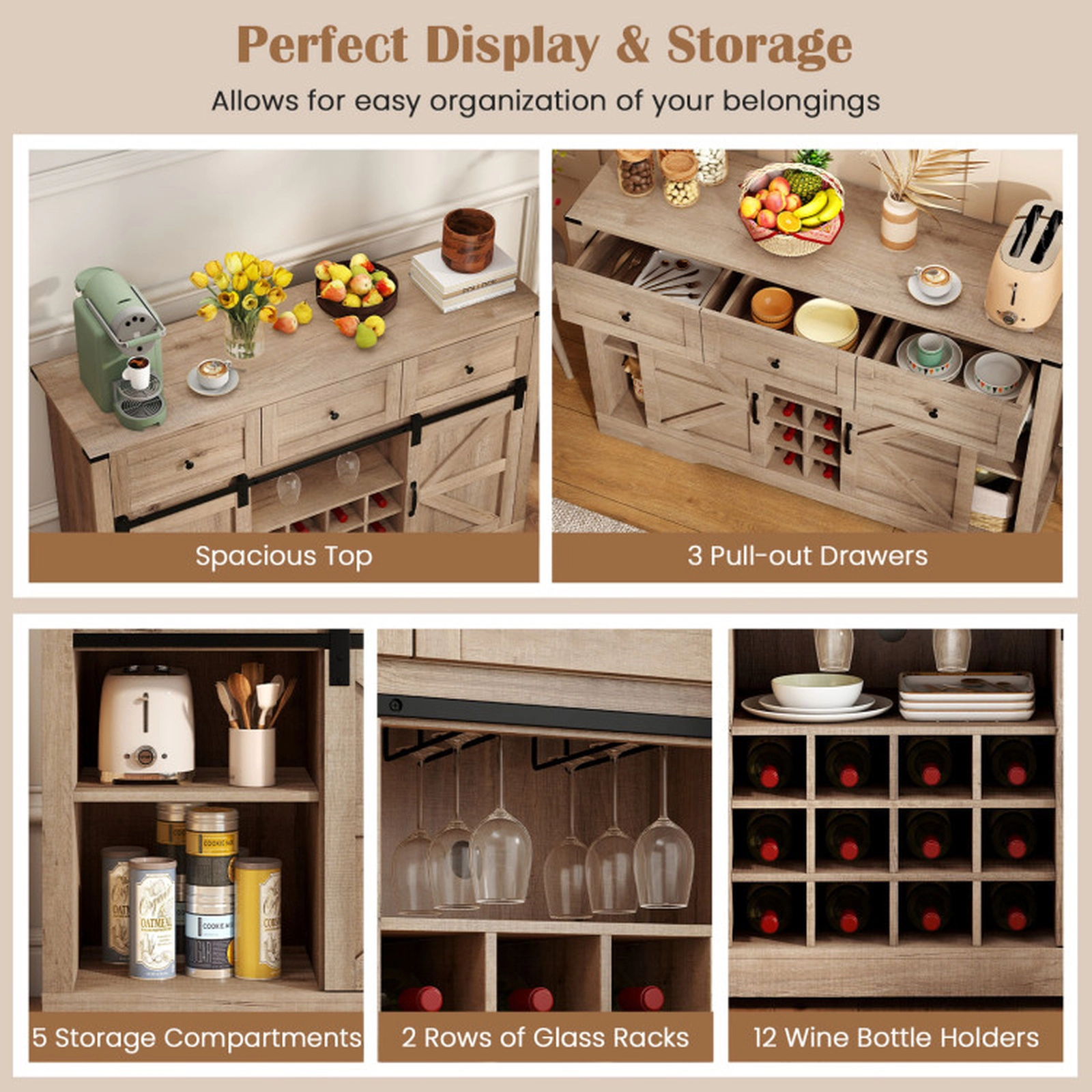 SUGIFT 52-in 240-lb Shelf Wine and Liquor Cabinet with LED Lights Remote Control and Sliding Barn Doors