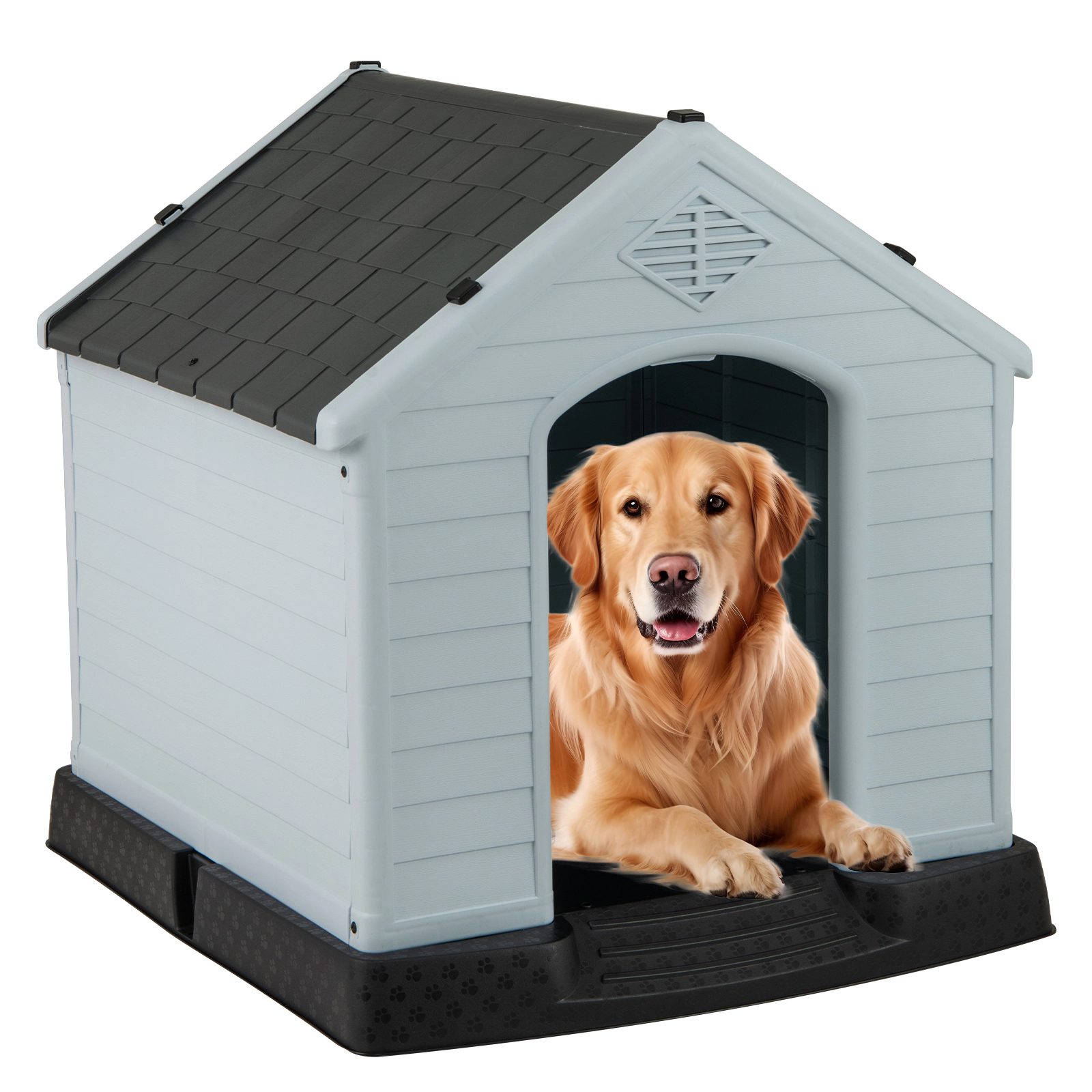 SUGIFT Waterproof Plastic Dog House with Elevated Floor for Small Dogs 28-in Tall Gray+White