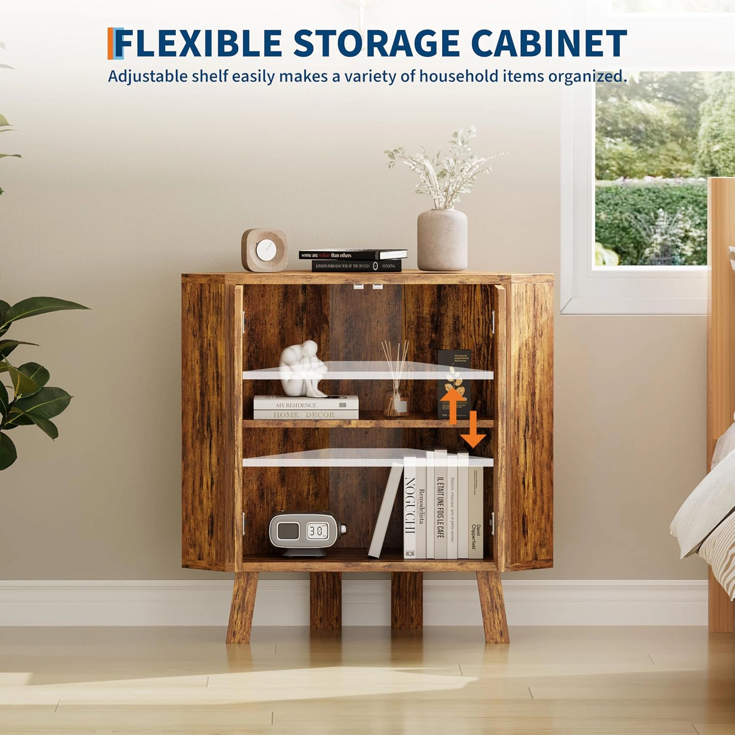 BebreezChic Industrial 3 Tier Wooden Corner Storage Cabinet, Adjustable Shelves