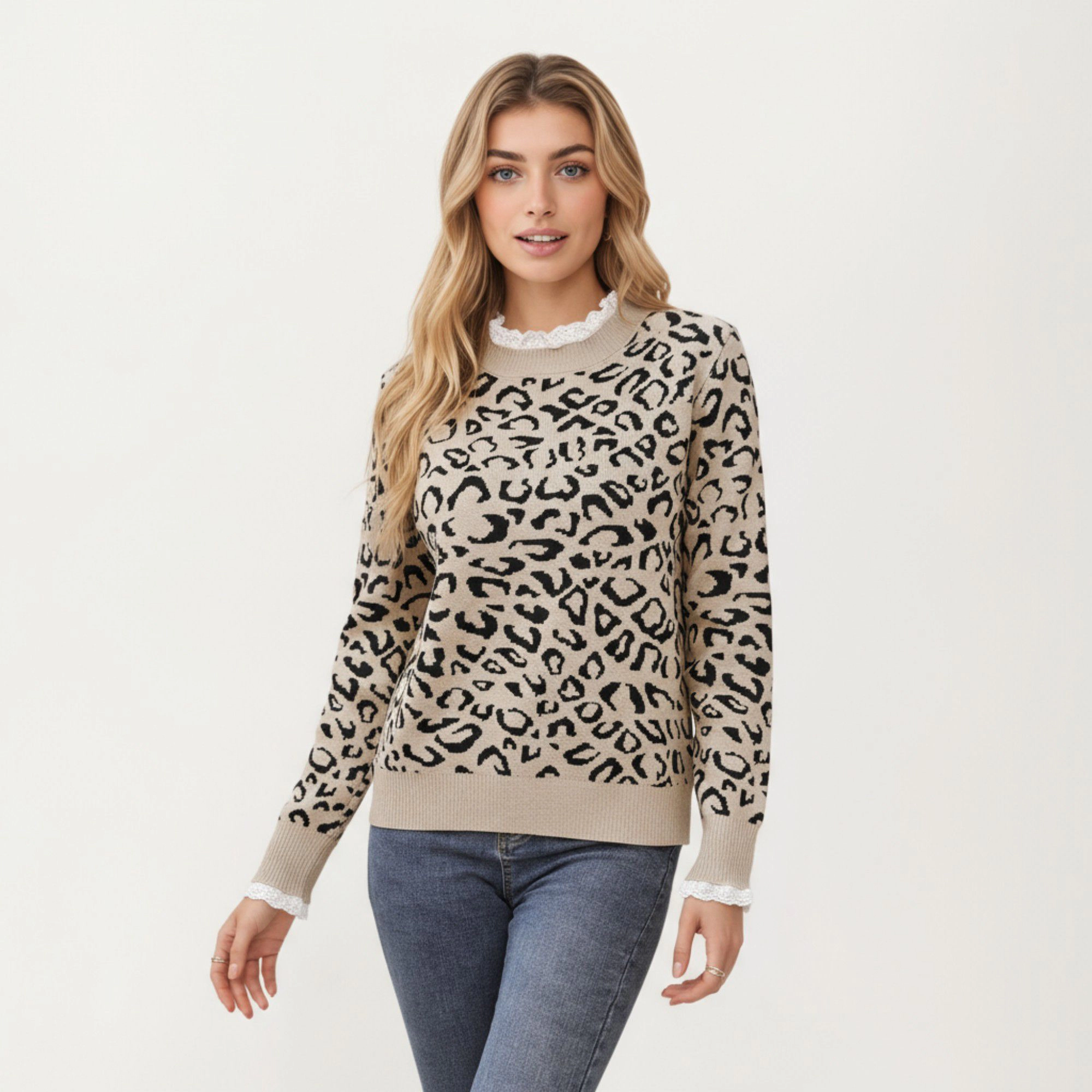 Anna-Kaci Women's Leopard Print Knit Sweater with Ribbed Trim Crew Neckline