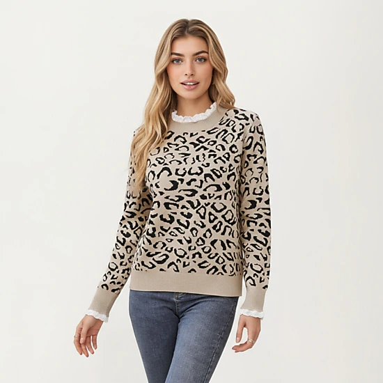 Anna-Kaci Women's Leopard Print Knit Sweater with Ribbed Trim Crew Neckline