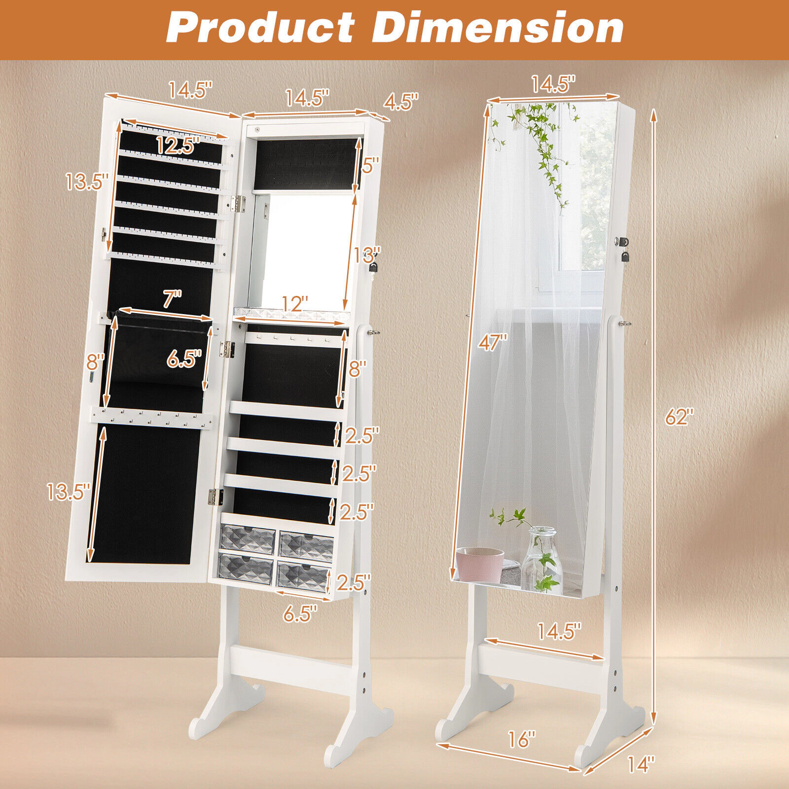 SUGIFT White Free Standing Full-Length Jewelry Armoire with LED Lights 4-Level Tilt and Lockable Mirror