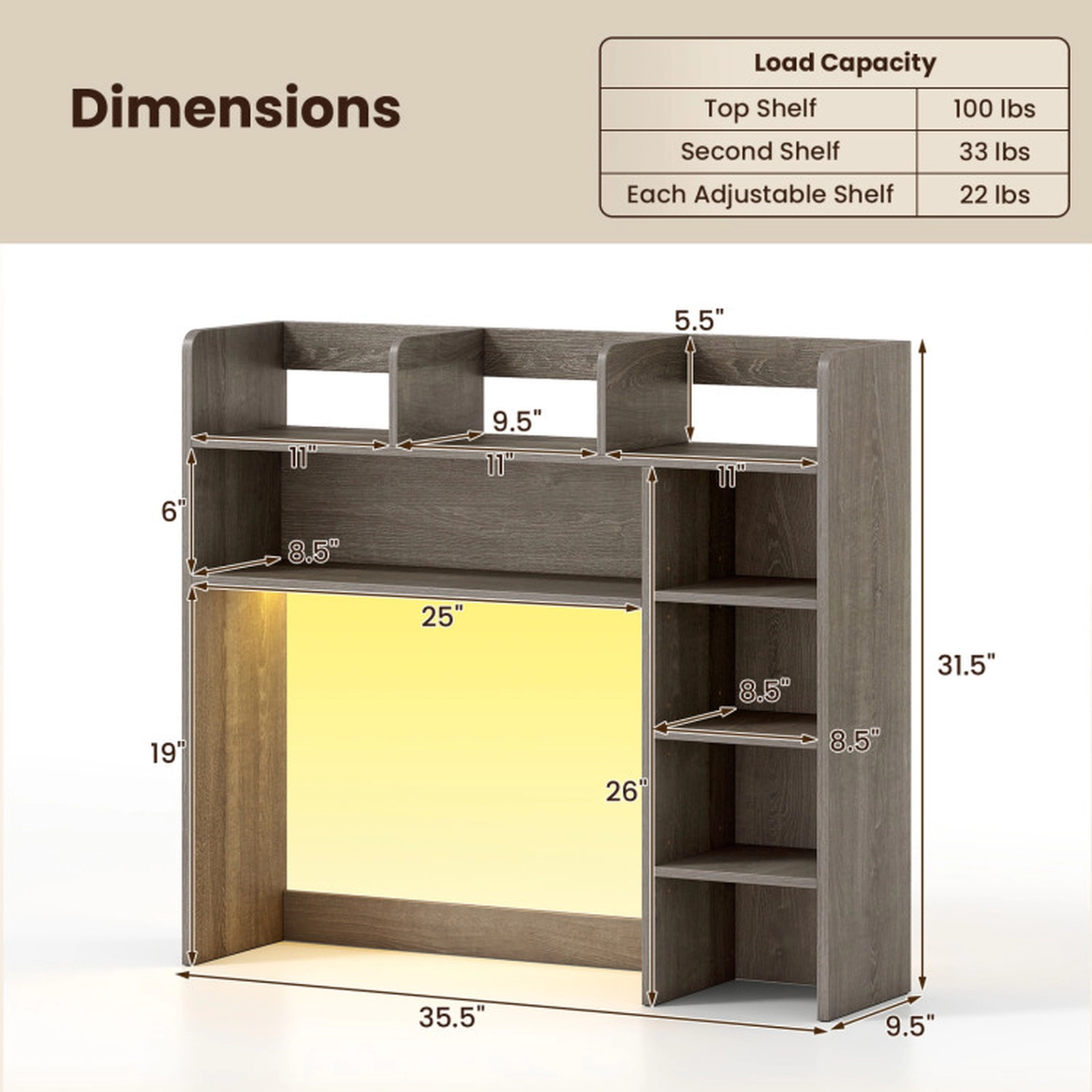 SUGIFT Desktop Bookshelf with RGB LED Lights Desk Hutch Organizer 35.5-in Wide 100-lb Top Shelf Capacity Oak