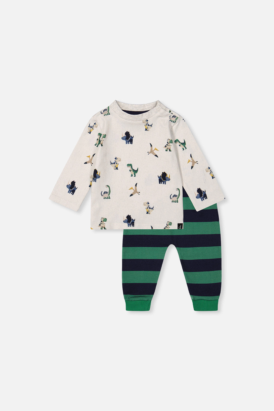 Deux par Boys Cotton Long Sleeve Dinosaur Print T-Shirt and Striped Fleece Pants Set