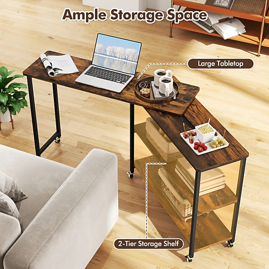 SUGIFT Rustic Brown Rotating Sofa Console Table, 40 to 60 in, with Shelves and Casters