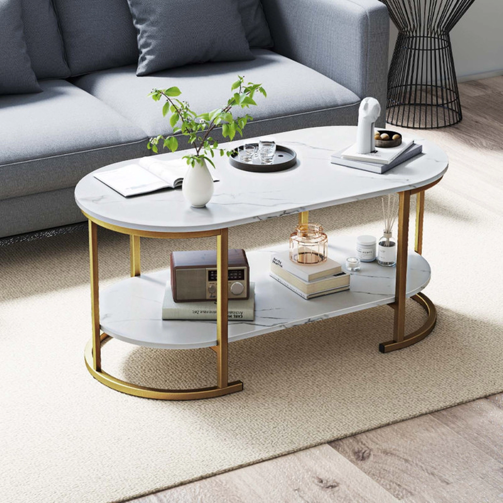 SUGIFT 2-Tier Faux Marble Top Gold Metal Frame Oval Coffee Table 39.5-in x 19.5-in x 18-in 88-lb Capacity White