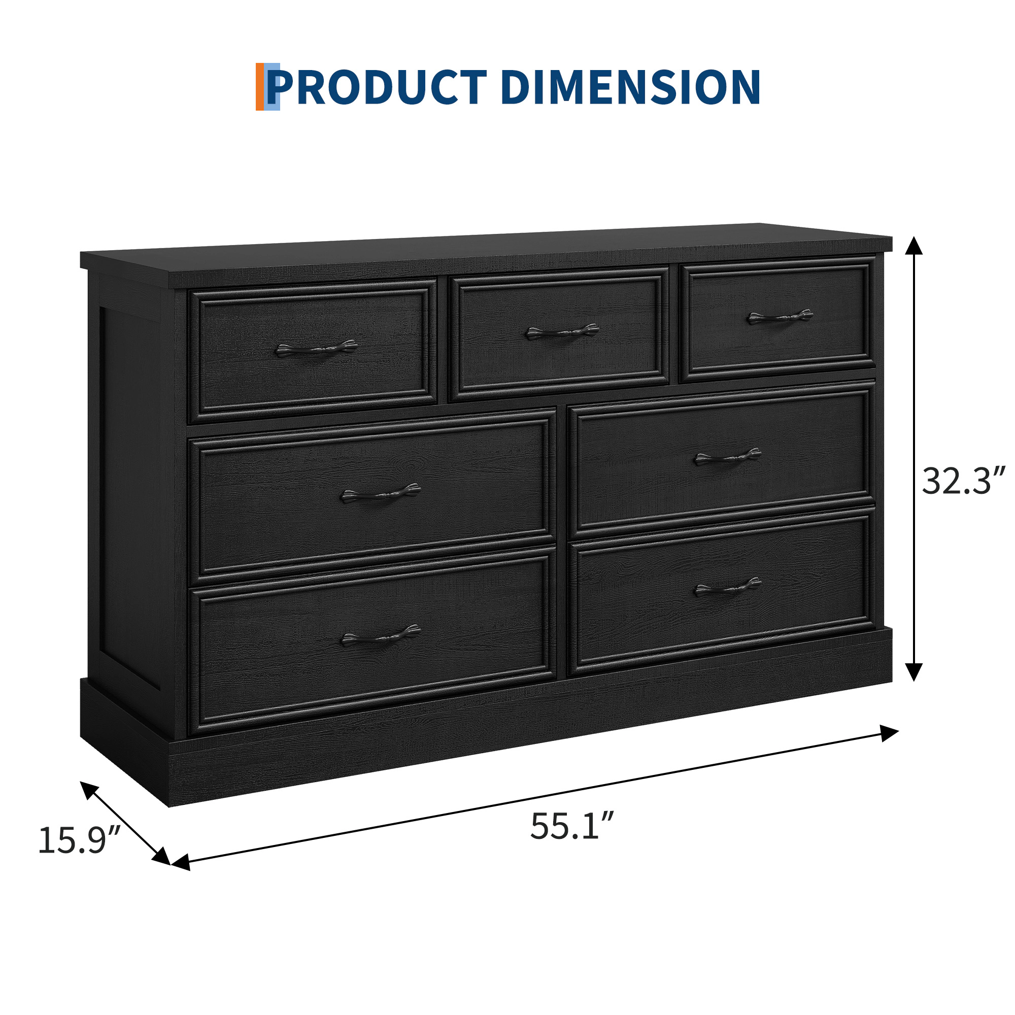 7 Drawer Wooden Dresser, 55" Wide Chest with Large Storage for Bedroom or Living Room