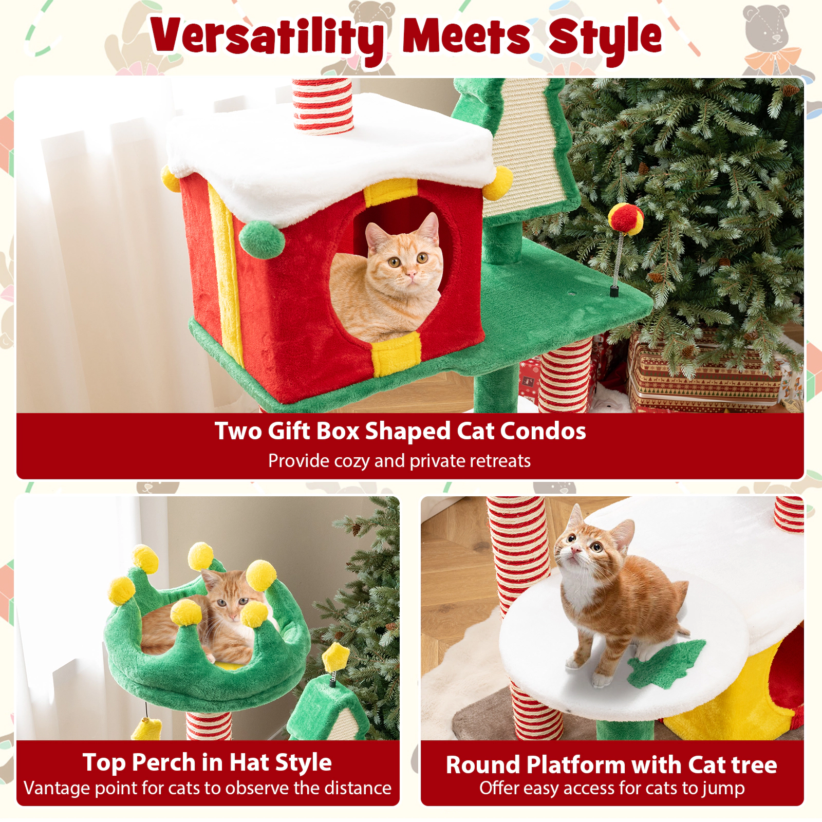 SUGIFT 61-in Christmas Cat Tree Tower with 2 Gift Box Condos Hat Perch Sisal Carpet and Bell Toys