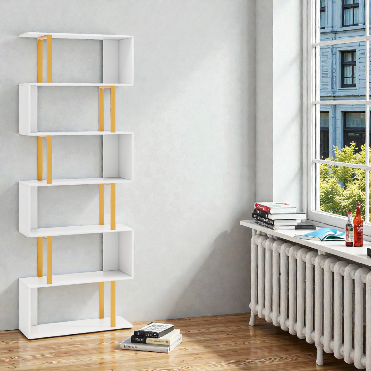 Hivvago Modern Geometric Bookshelf with Metal Frame and Open Shelves