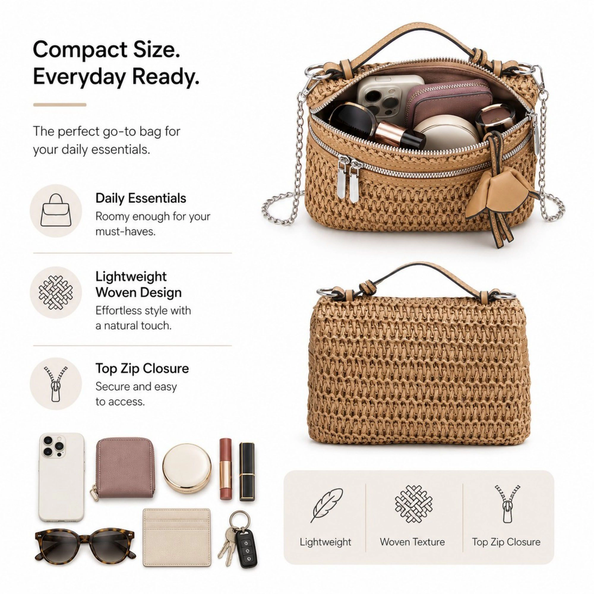 Alilang Women's Straw Woven Crossbody Bag with Chain Strap
