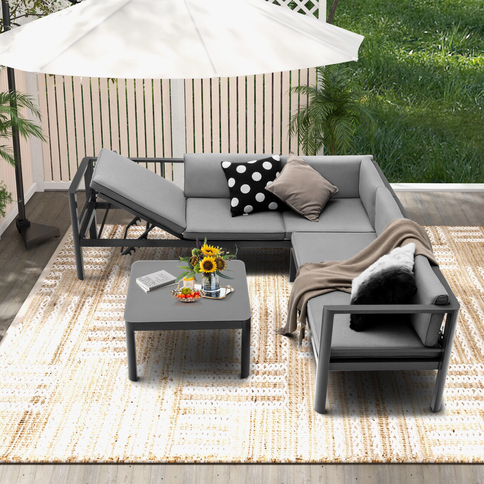 SUGIFT 3-Piece 990-lb Capacity 6-Level Reclining Gray Aluminum Outdoor Patio Sofa Set with Glass Coffee Table