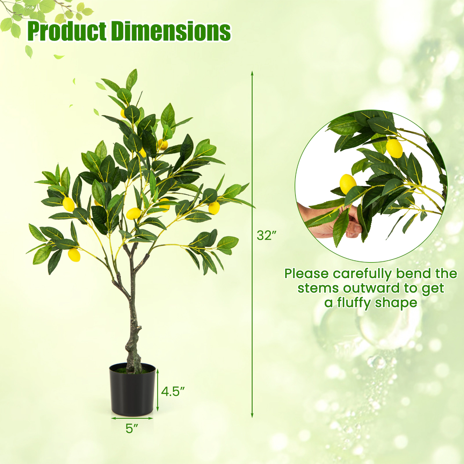 SUGIFT Artificial Tree 32-in Tall Fake Lemon Plant with Fruits in Cement-Filled Pot Green+Yellow+Black