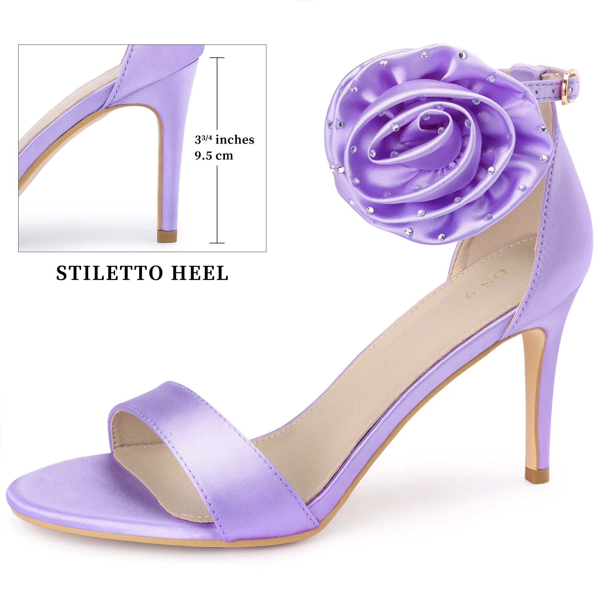 BLISSFUL STEP Women's Wedding Satin Flower Ankle Strap Stiletto Heel Sandals