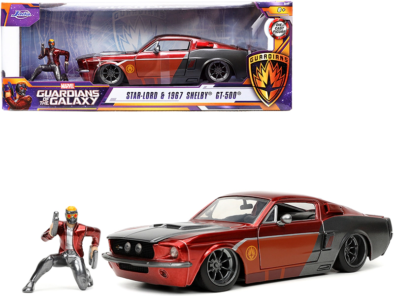 Jada 1967 Ford Mustang Shelby GT-500 Red Metallic and Gray Metallic with Star-Lord Diecast Figurine "Guardians