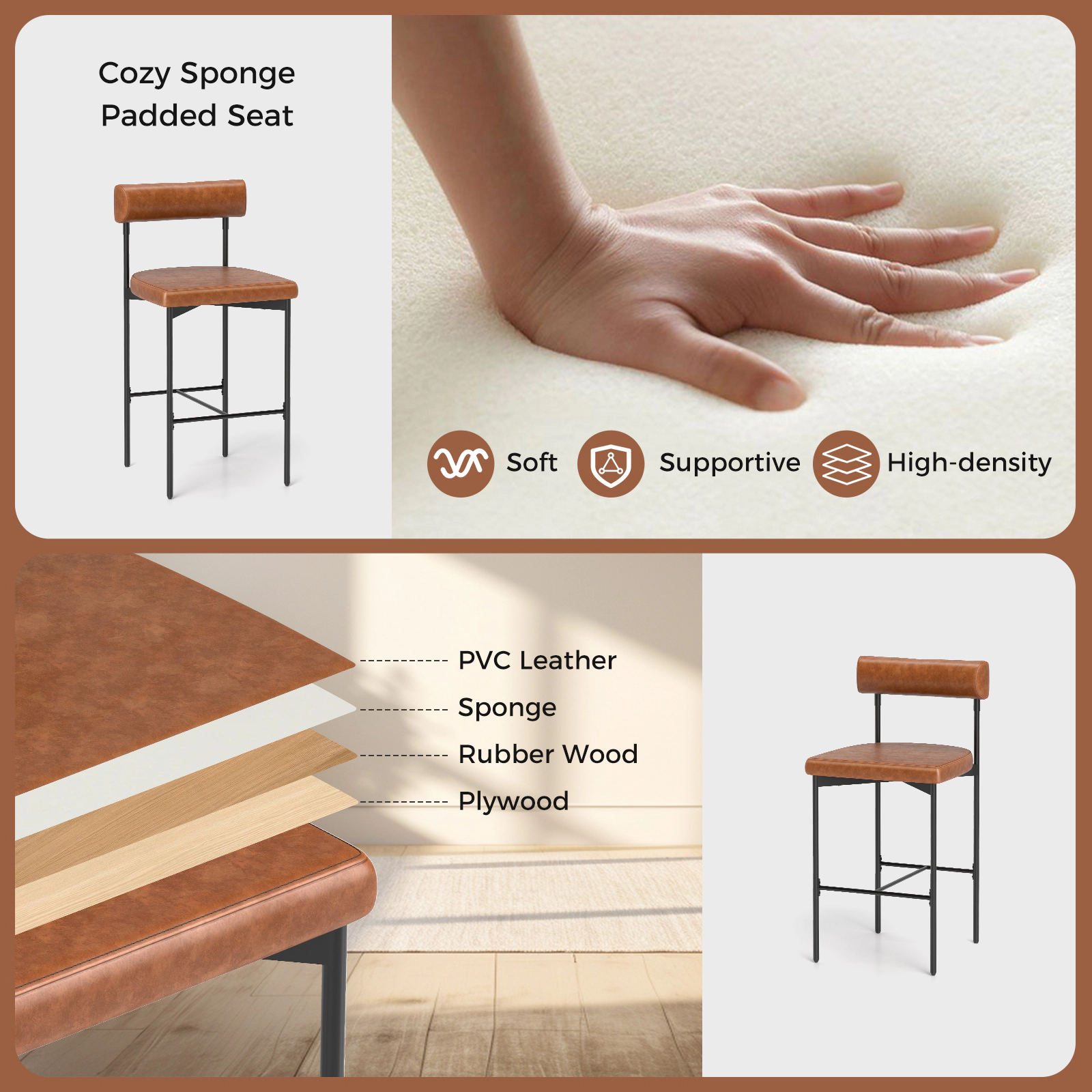 SUGIFT Set of 2 Brown 26-In Counter-Height Bar Stools, 400-Lb Capacity, PVC Leather, X-Braced Metal Frame