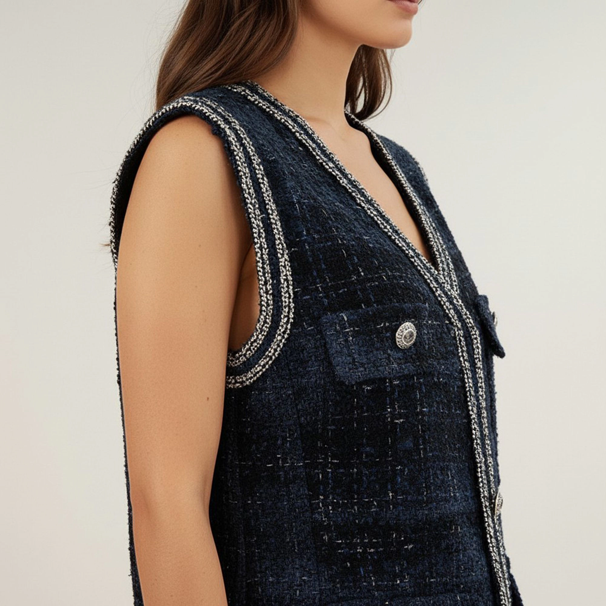Anna-Kaci Women's Textured Button Front Vest with Decorative Trim and Patch Pockets