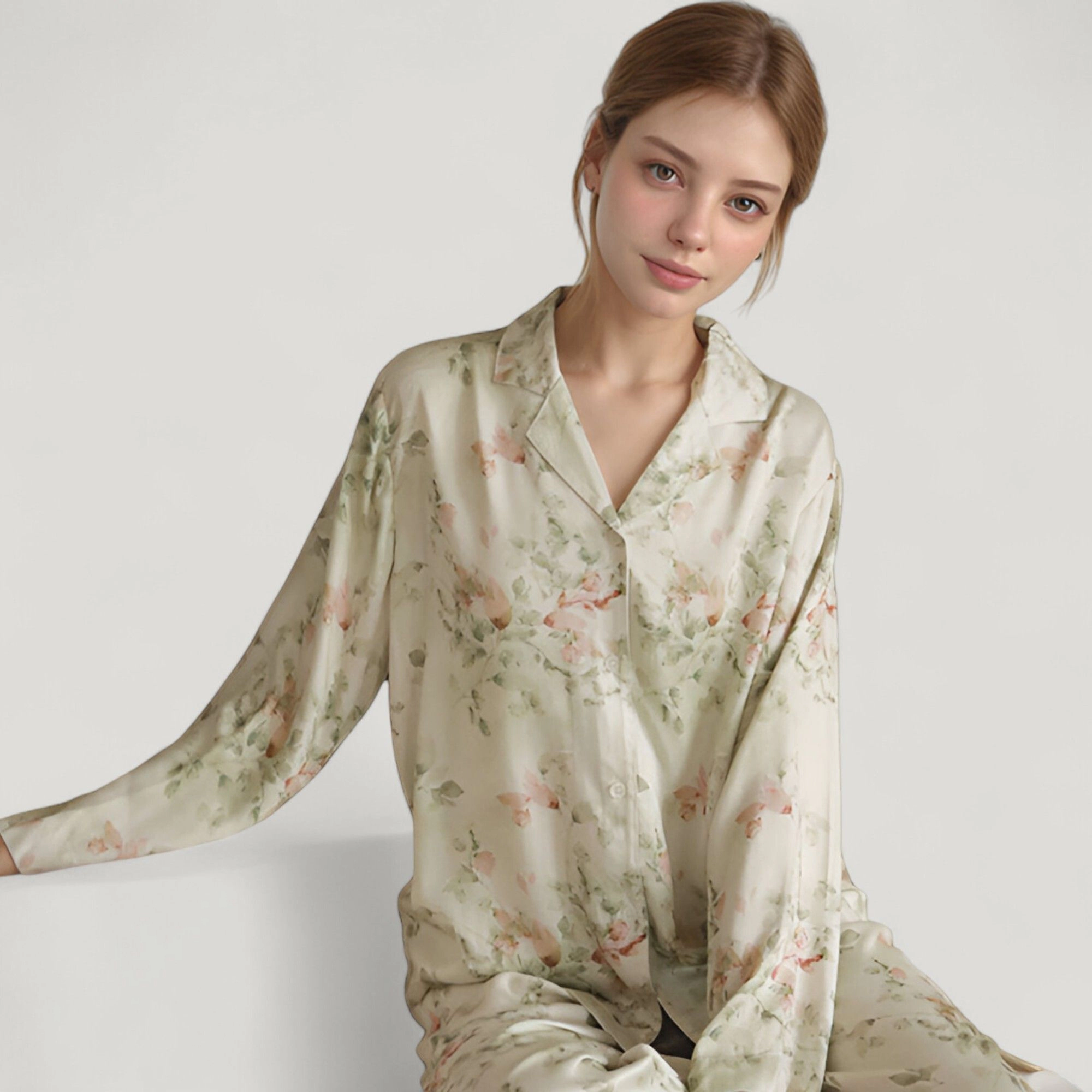 Anna-Kaci Women's Woven Floral Long Sleeve Button Down Pajama Set with Wide Leg Pants and Relaxed Fit