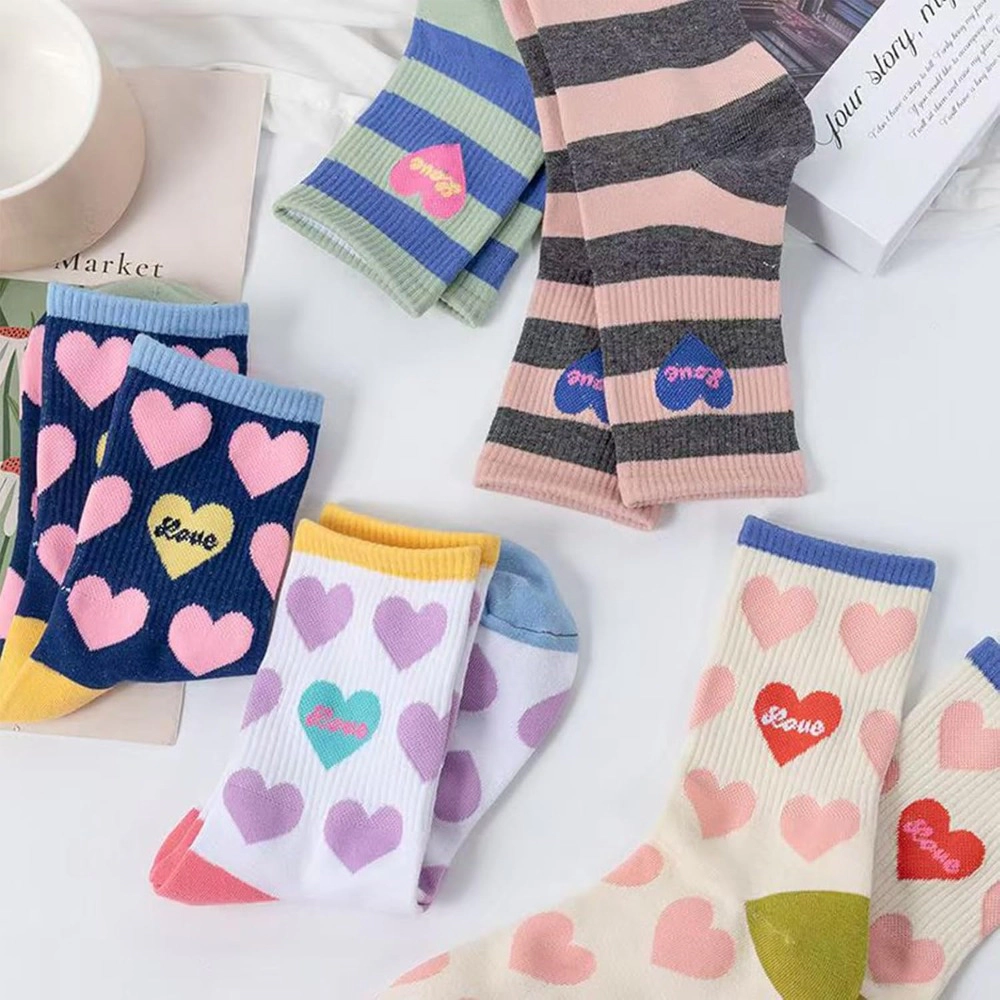 Wardrobe Whimsy 5 Pairs Heart Pattern Socks Novelty Cartoon Crew Mid Calf Socks