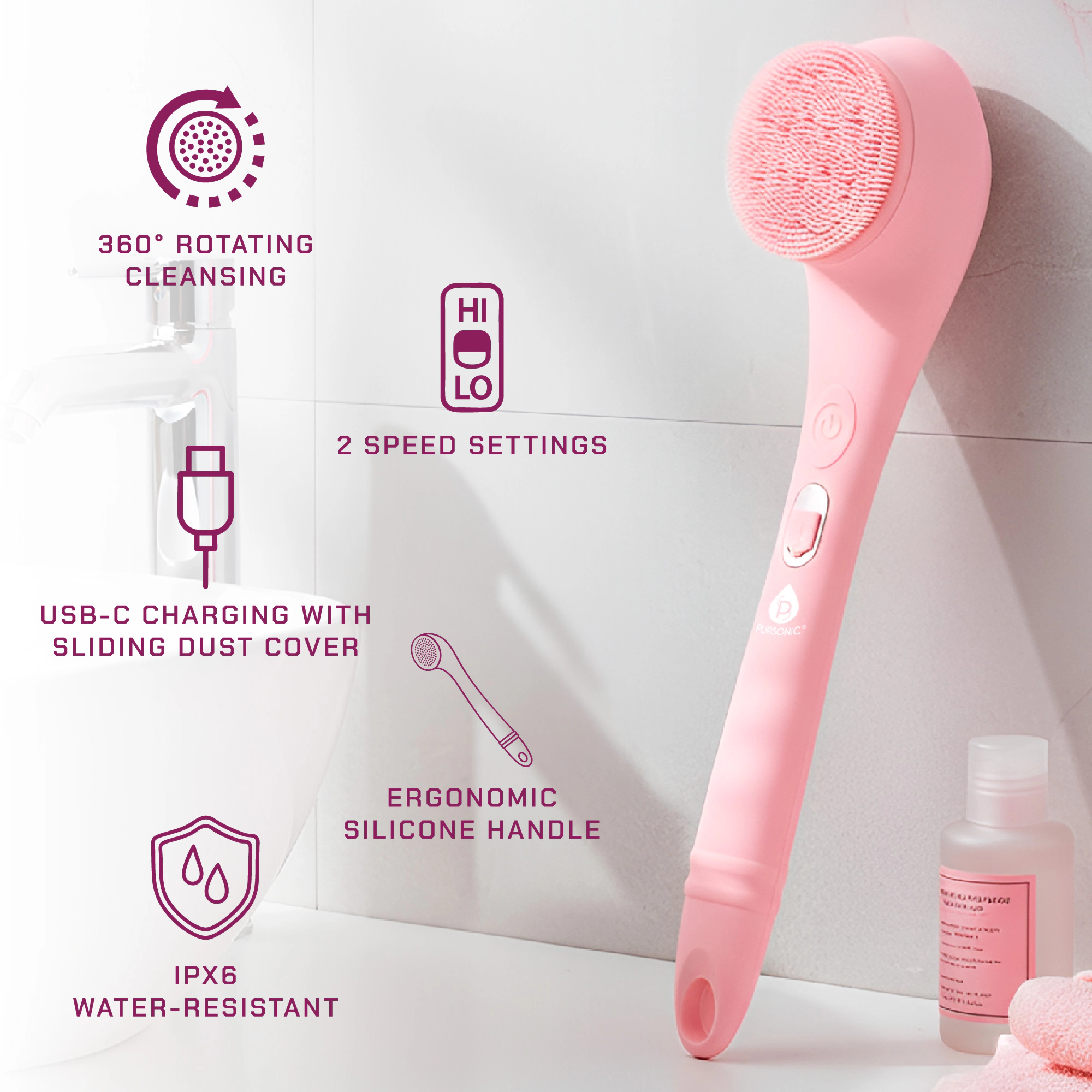 Pursonic Unisex Rechargeable Bath Care Device: Waterproof Silicone Bath Brush with 3 Interchangeable Brush Heads