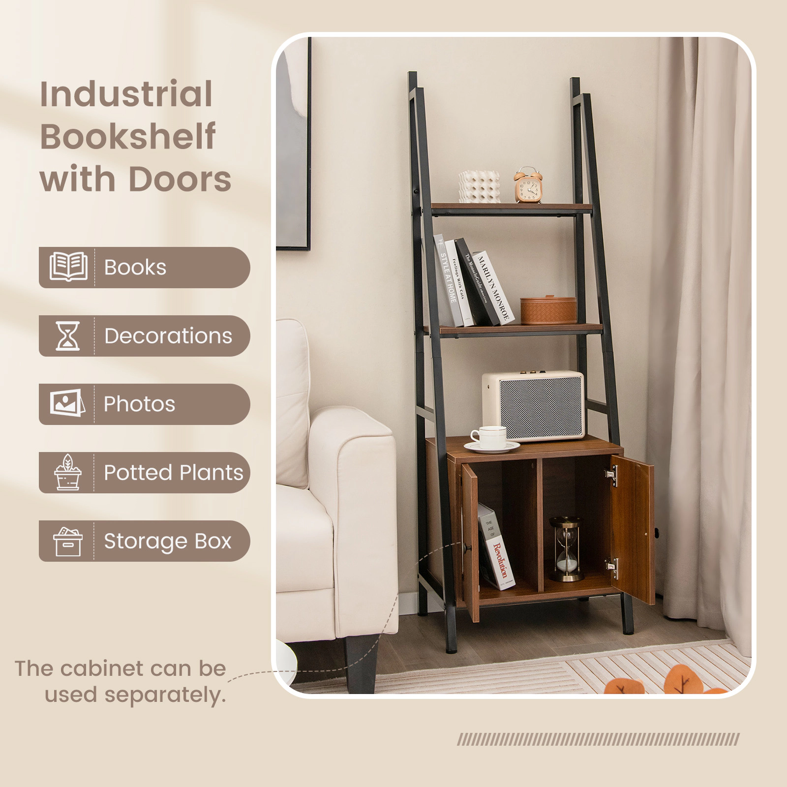 SUGIFT 4-Tier Rustic Brown 63-in Ladder Shelf Bookshelf with Storage Cabinet Metal Frame and 44-lb Shelves