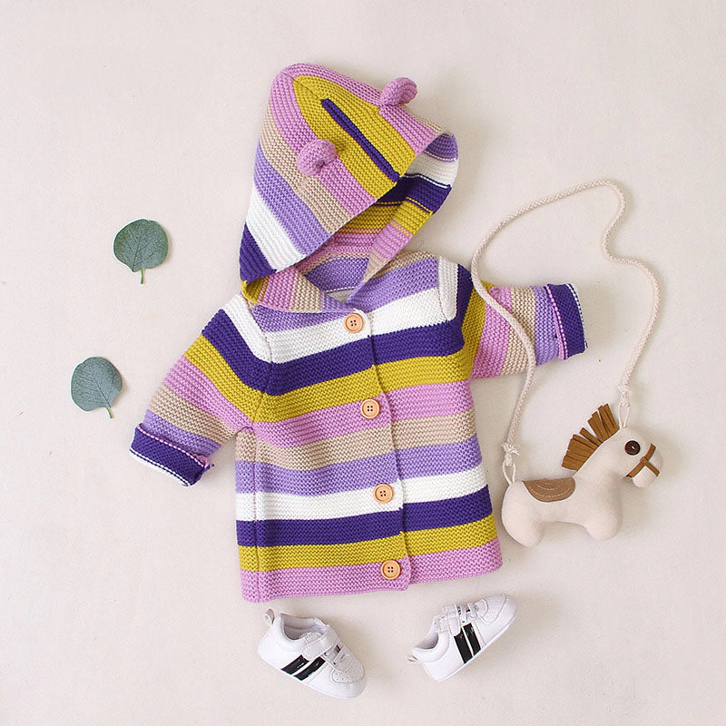 MyKids-USA Baby Colorful Striped Pattern Button Front Knitted Cardigan With Hat