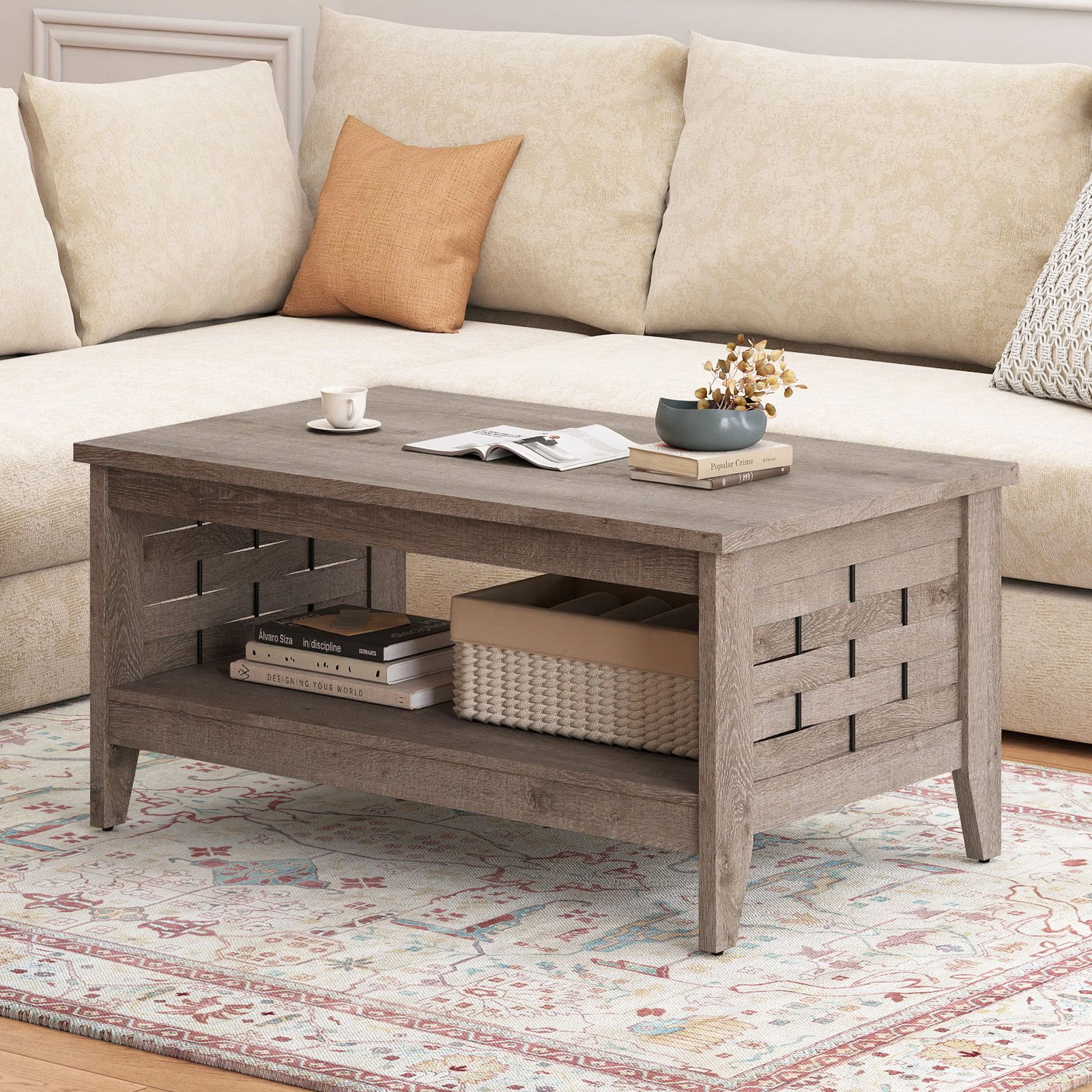 SlickBlue 2 Tier Coffee Table with Storage Shelf, Rustic Wood Center Table for Living Room