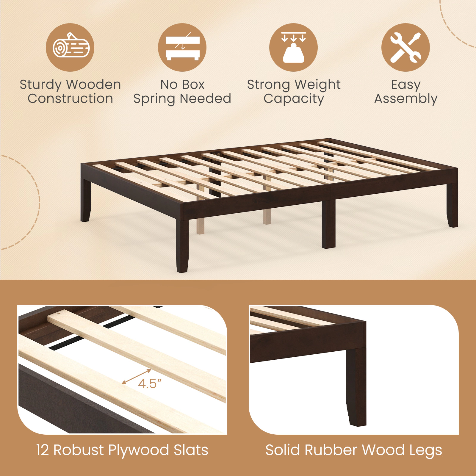 SUGIFT Wood Platform Bed Frame with Rubber Wood Legs 800-lb Capacity Full Size 10.5-in Under-Bed Space Espresso/Natural