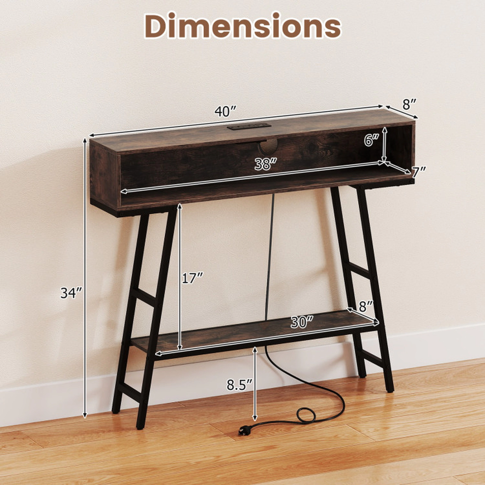 SUGIFT Engineered Wood Metal Frame RGB LED USB C Charging Console Table In Rustic Brown