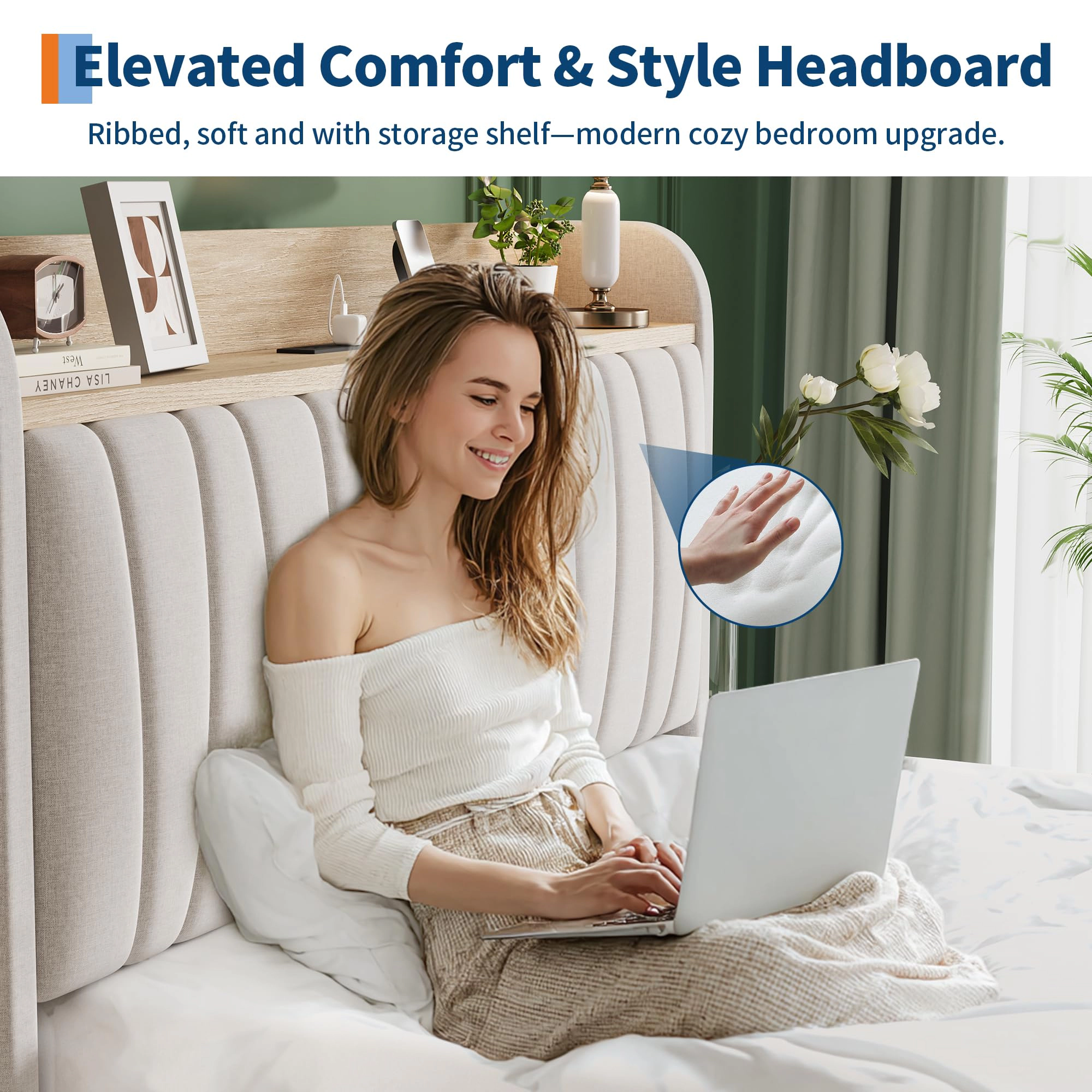 BebreezChic Upholstered Platform Bed Frame with Storage Headboard, Charging Station and Drawers