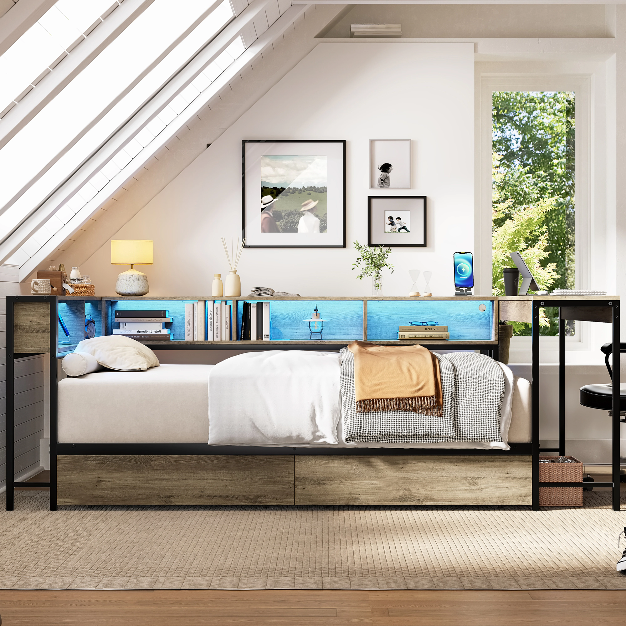 Flynama Twin Corner Bed with Bookcase, 2 Drawers, LED Light & Charging Station, Grey