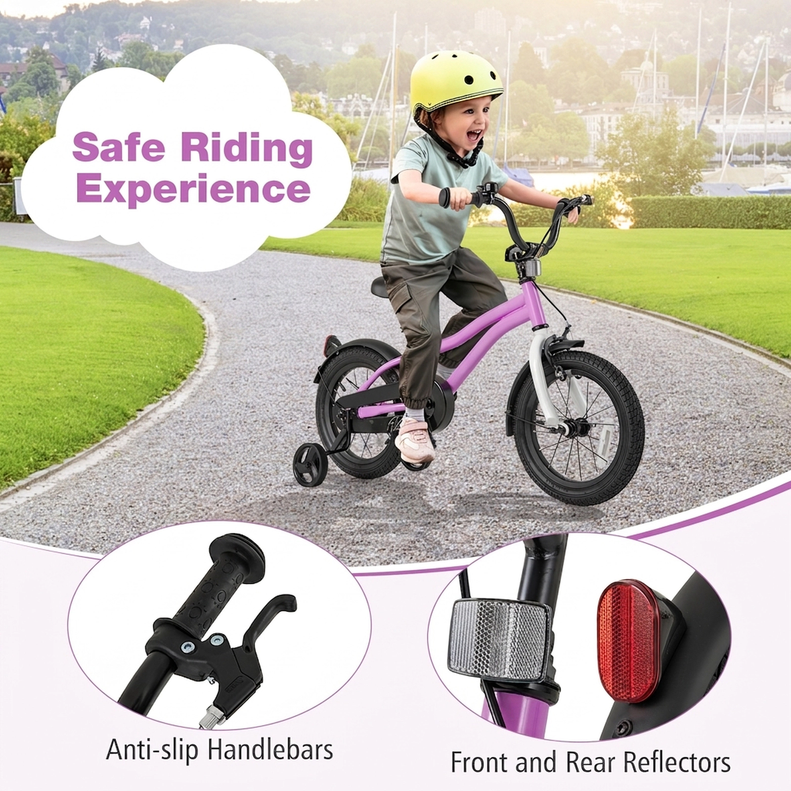 14-in Kids Bicycle Quick Release Seat Clamp Detachable Training Wheels Anti Puncture Tires Bell Ages 3-5 Purple