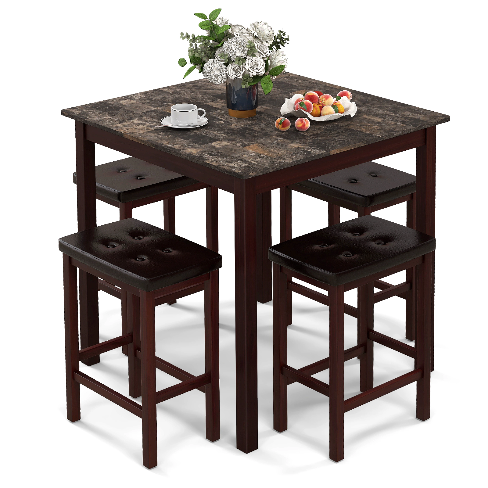 SUGIFT 5-Piece Counter-Height Dining Set for 4, 35-In Square Table with 4 Padded Stools