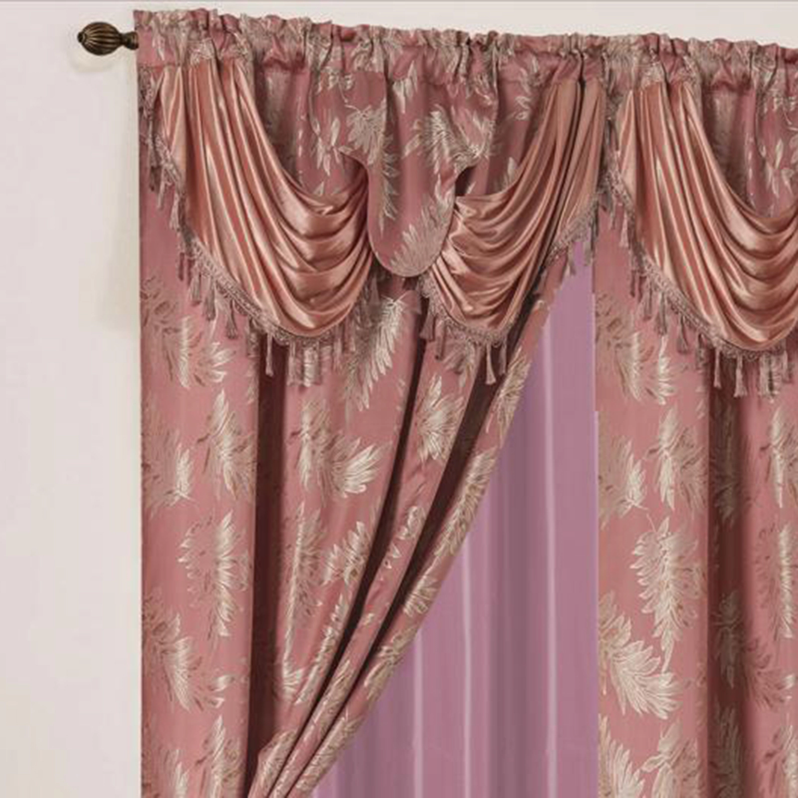 Olivia Gray Palm Floral Textured Jacquard 54 x 84 in. Single Rod Pocket Curtain Panel Valance in Rose