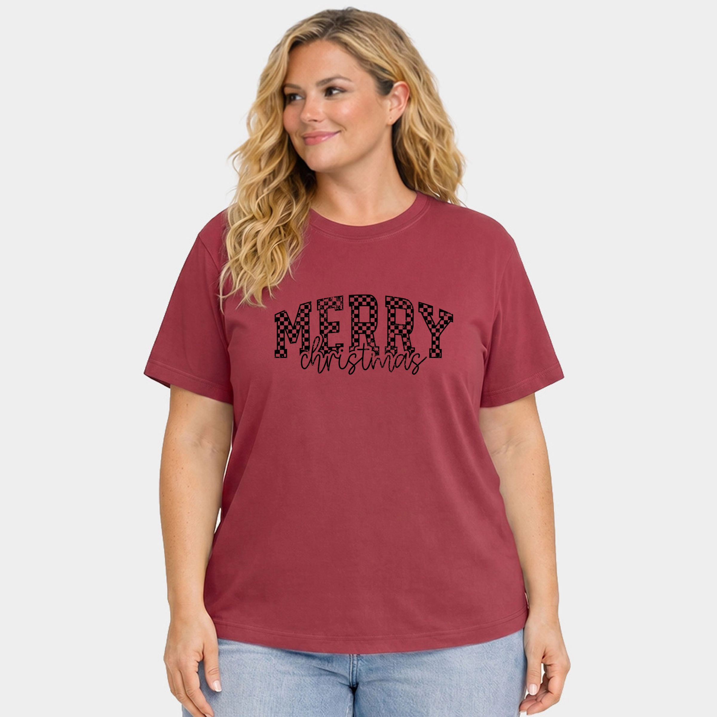 Simply Sage Market - Women's Plus Garment Dyed Tee Merry Christmas Varsity Checkered