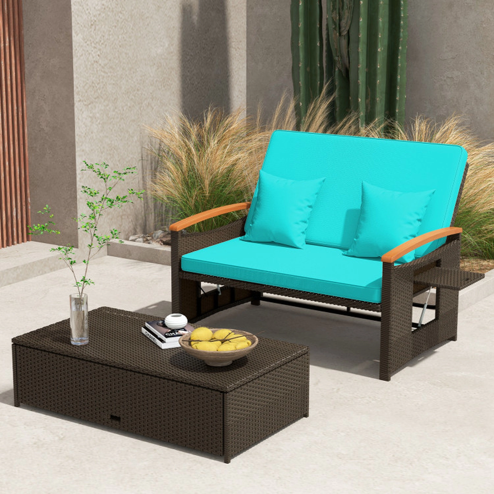 SUGIFT Green PE Rattan Outdoor Daybed Loveseat with Ottoman, 4-Level Backrest, 800-lb Capacity