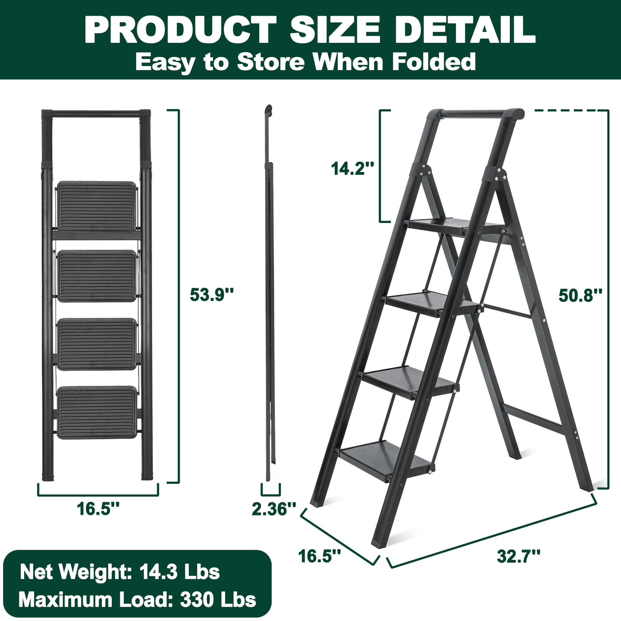 Flynama 4 Step Ladder- 330lb Capacity Steel Foldable Step Stool (Black)
