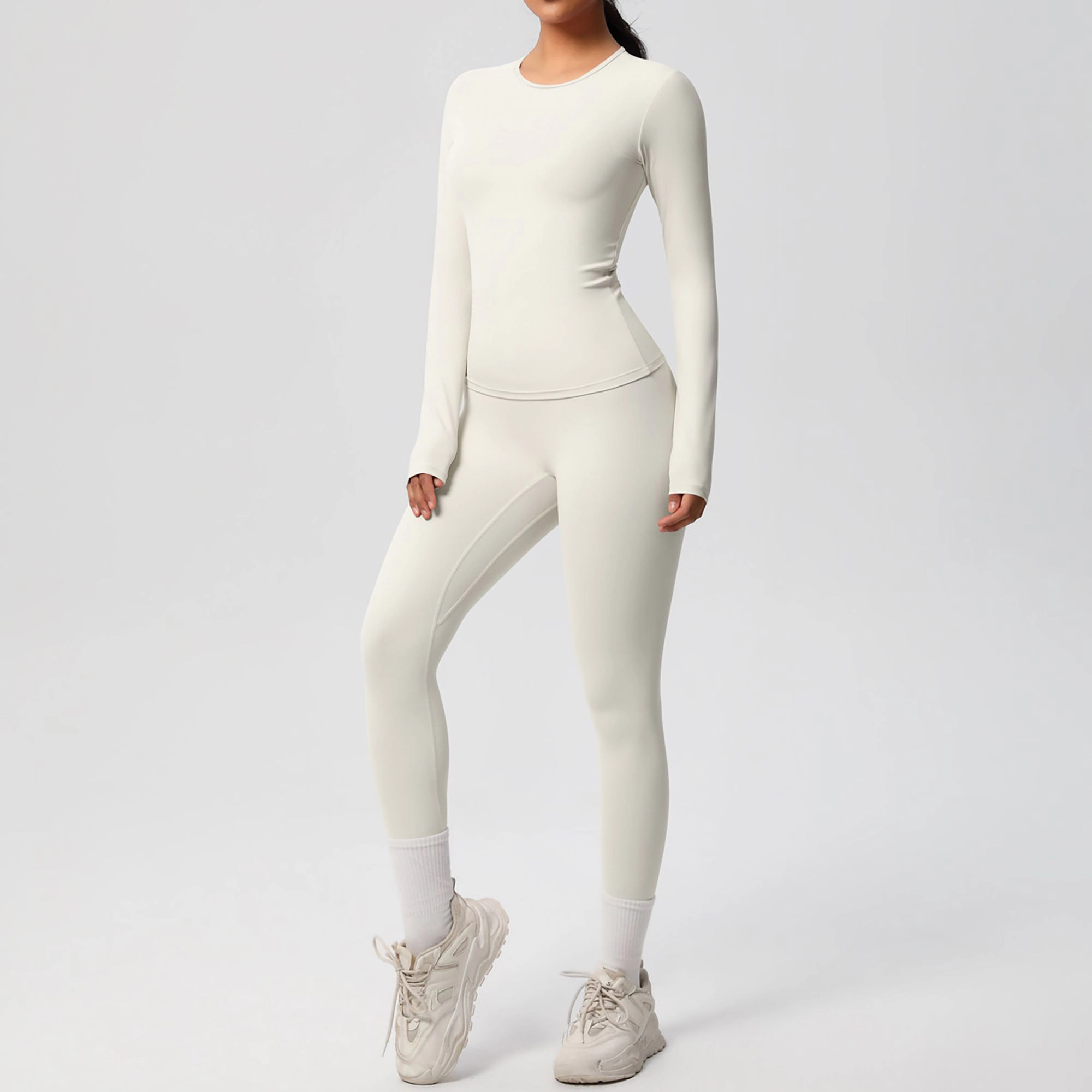 Anna-Kaci Women's Long Sleeve Crew Neck Top and High Waist Leggings Set with Slim Fit Design