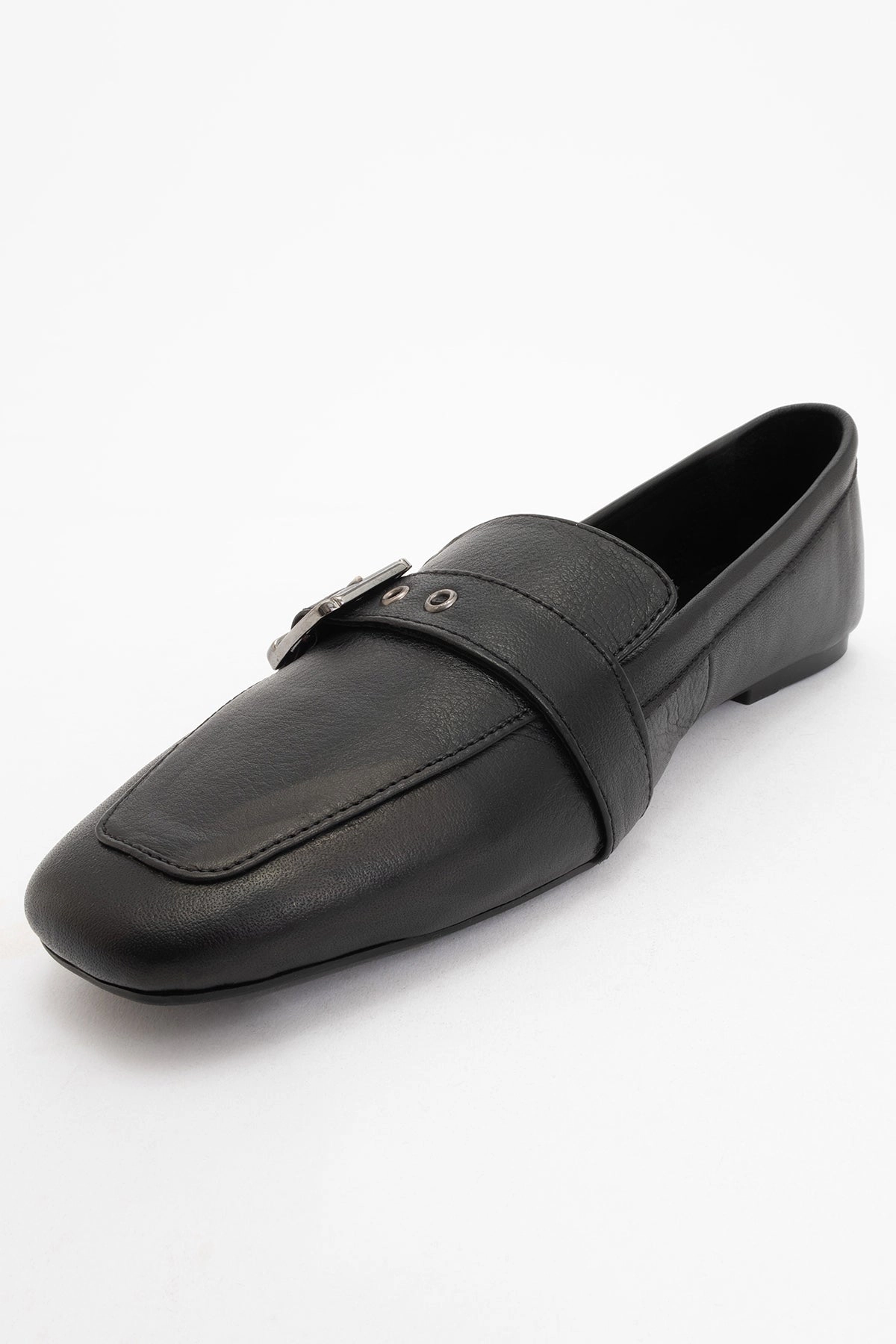 Forever & Always Womens Noir Leather Flat Loafers
