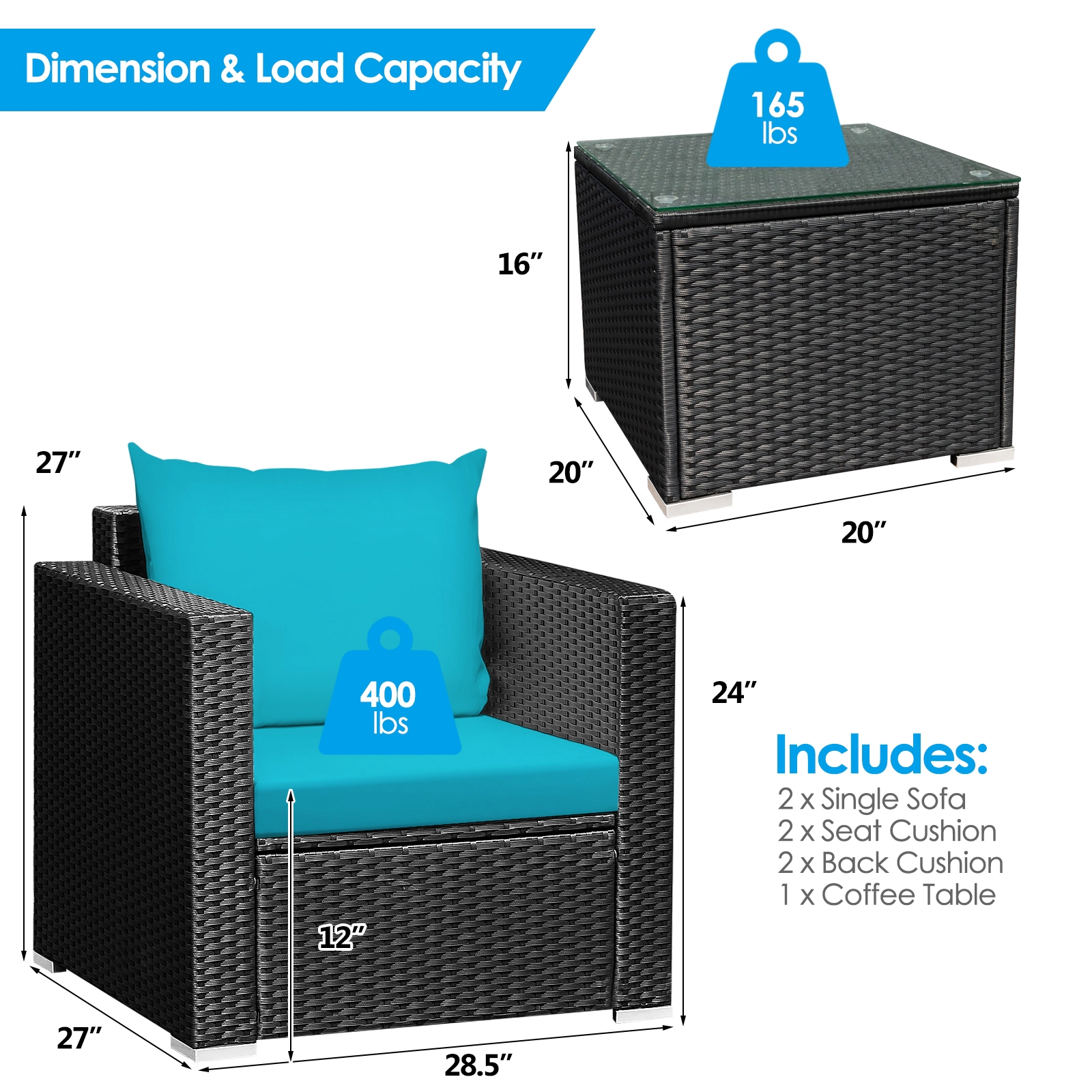 SUGIFT 3-Piece Patio Wicker Conversation Set with Cushions 400-Lb Chair Capacity Turquoise Black Rattan