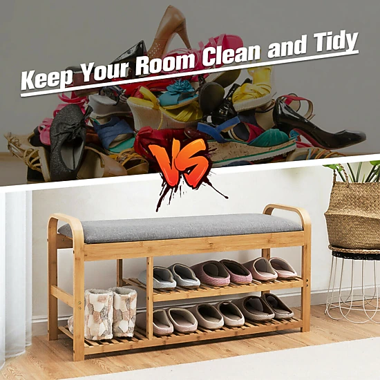 Glintex 40-Inch Bamboo Shoe Bench with 3-Tier Shelves and 2-Person Seat, Natural