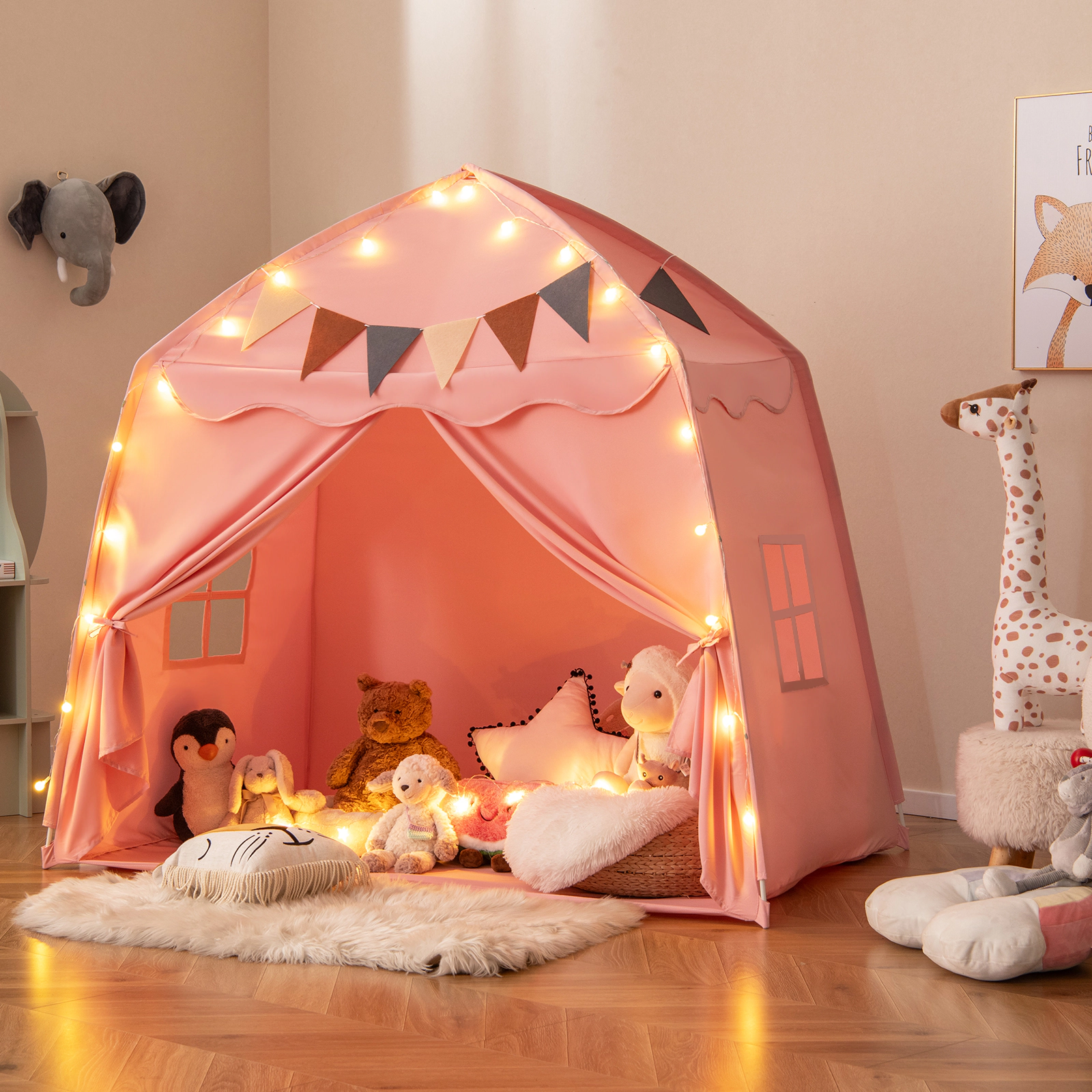 Extra Large Kids Play Tent and Bed Tent for Beds Up to 54-in Wide Pink Boho Playhouse