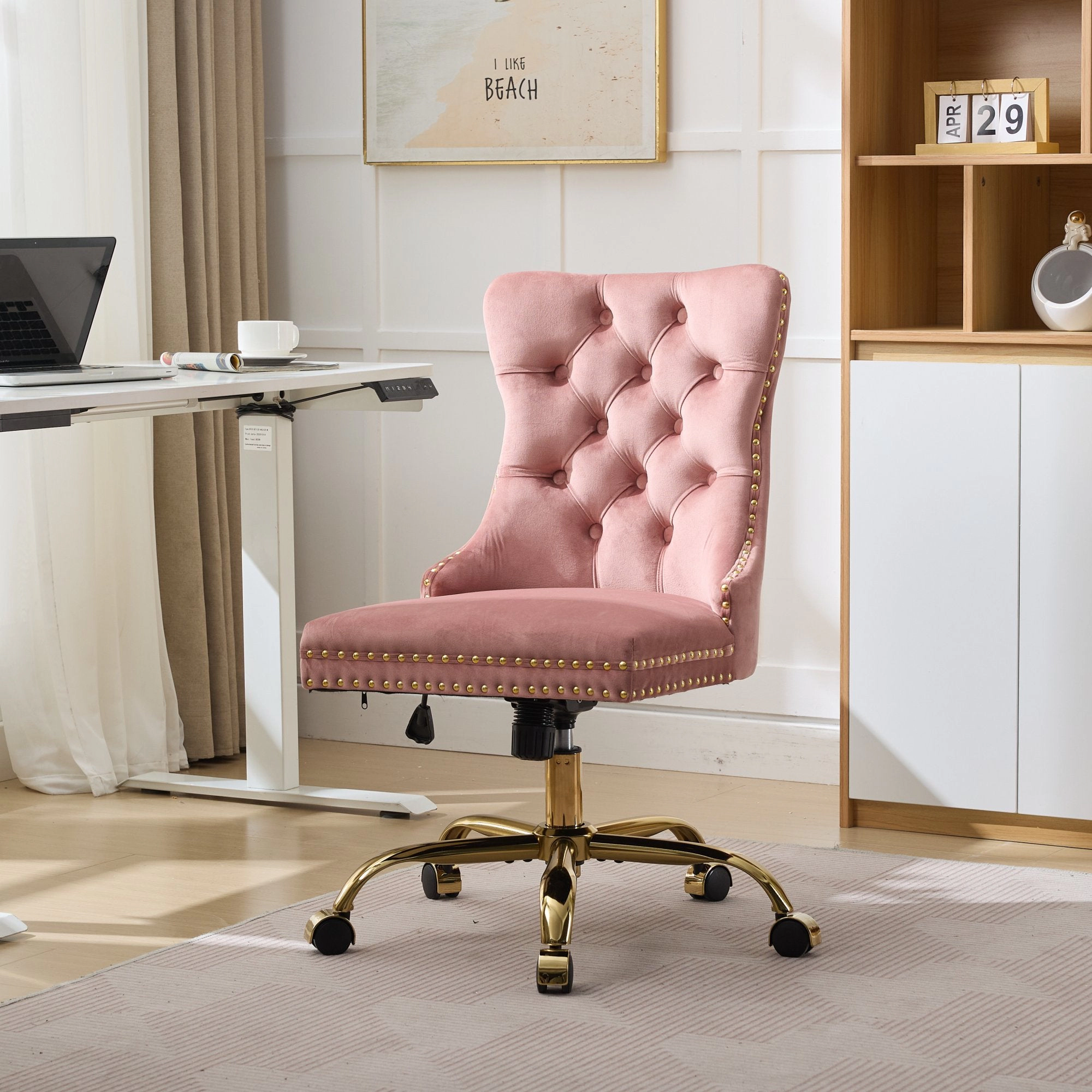 Platinum-Level Office Chairs Pink Velvet Tufted Office Chair, Modern Swivel Desk Chair