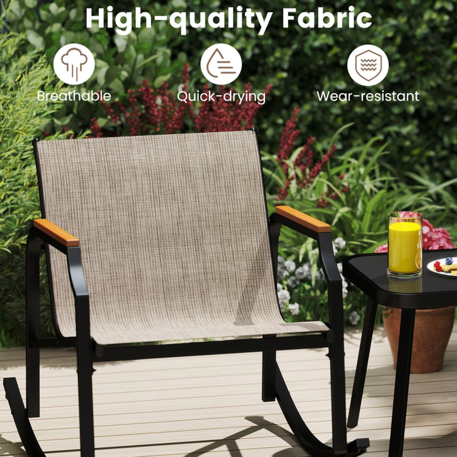 SUGIFT Patio Rocking Bistro Conversation Set with Tempered Glass Coffee Table 330-lb Rocking Chairs Black + Brown
