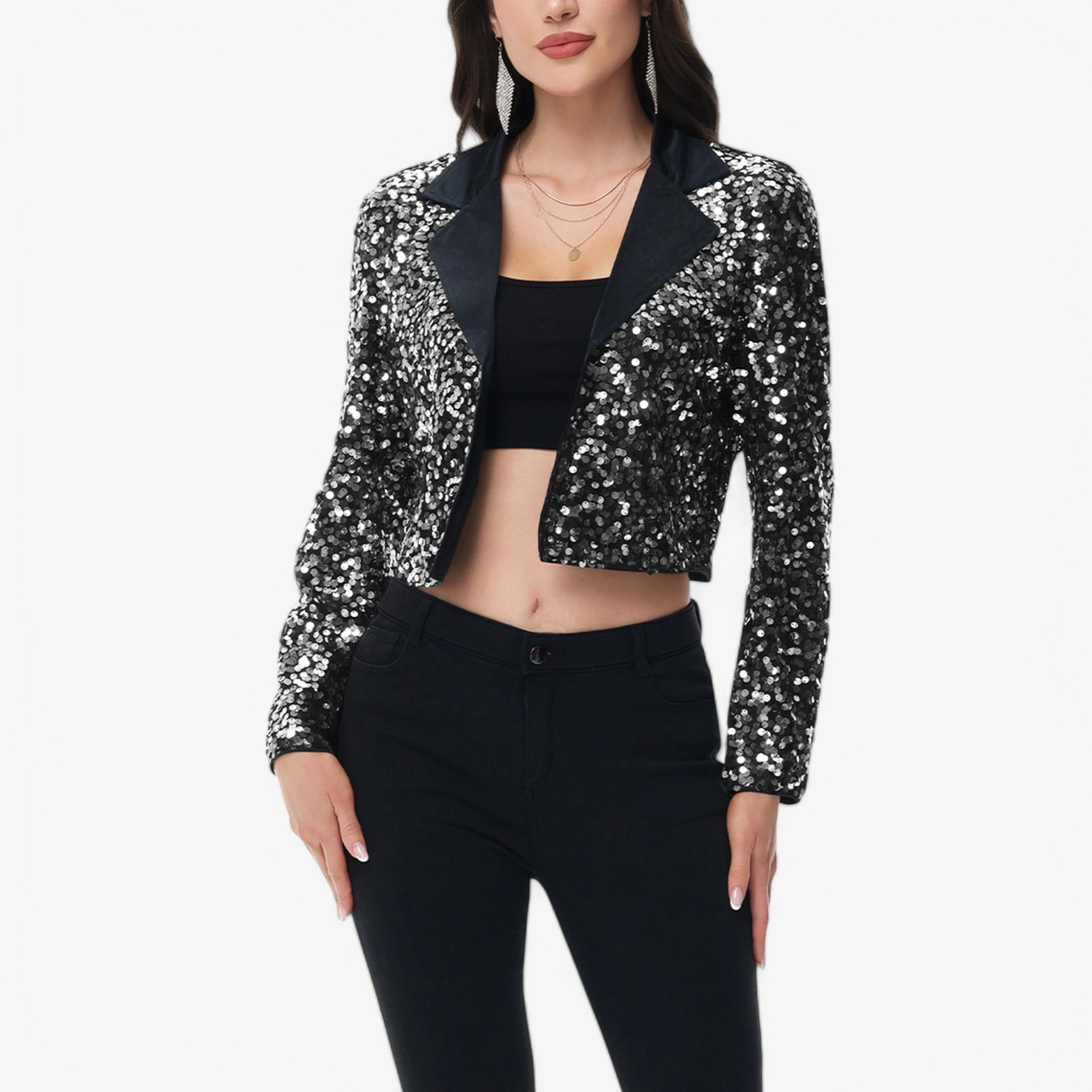 Anna-Kaci Women's Sequin Cropped Blazer Long Sleeve Sparkly Open Front Jacket